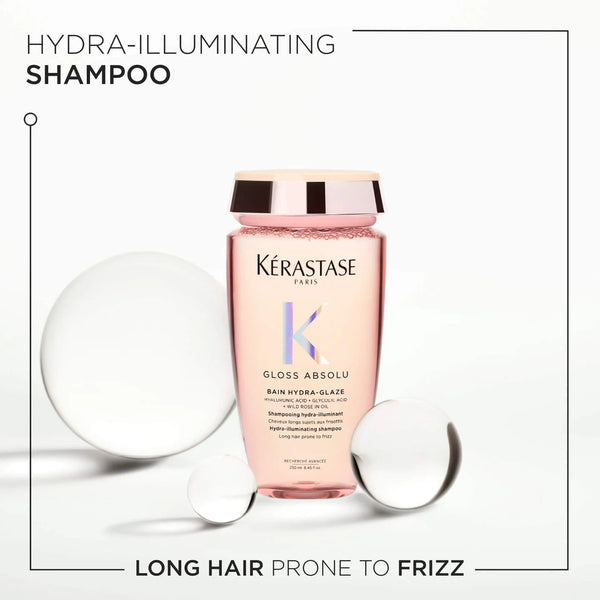 Kérastase shampoo bottle with text about hydra-illuminating shampoo for frizzy hair.