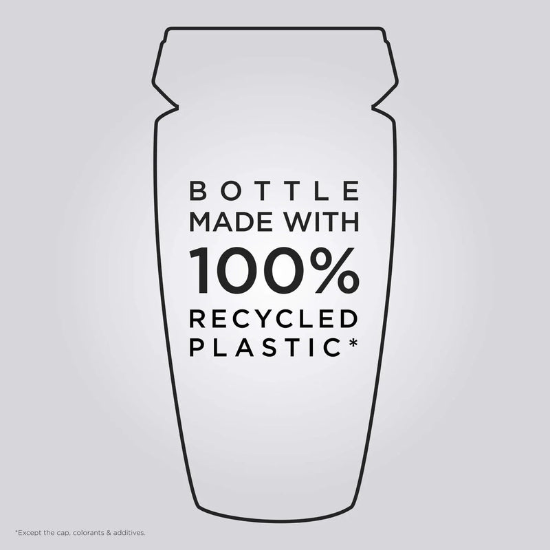 Outline of a bottle with 'Bottle made with 100% recycled plastic' text on a light gray background