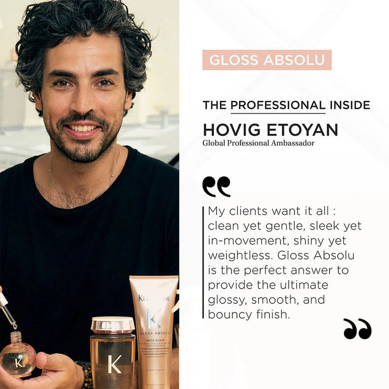 Man holding a bottle of Gloss Absolu with text about the product and Hovig Etoyan.