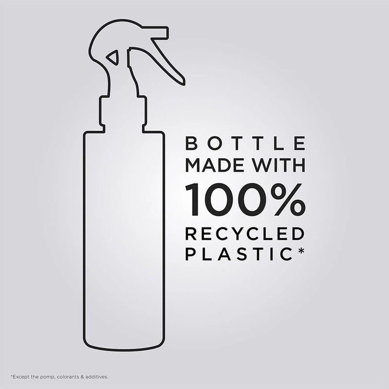 Outline of a spray bottle with text 'Bottle made with 100% recycled plastic' on a gray background