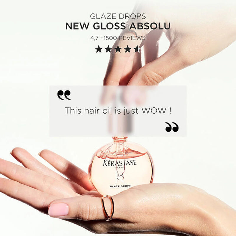Kérastase hair oil bottle held in a hand with positive reviews text overlay
