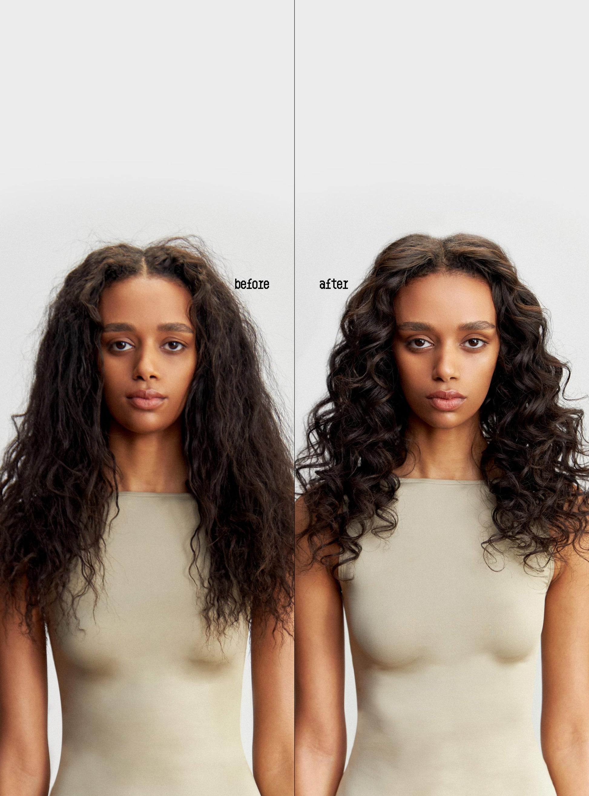 Before and after comparison of a person with curly hair on a plain background