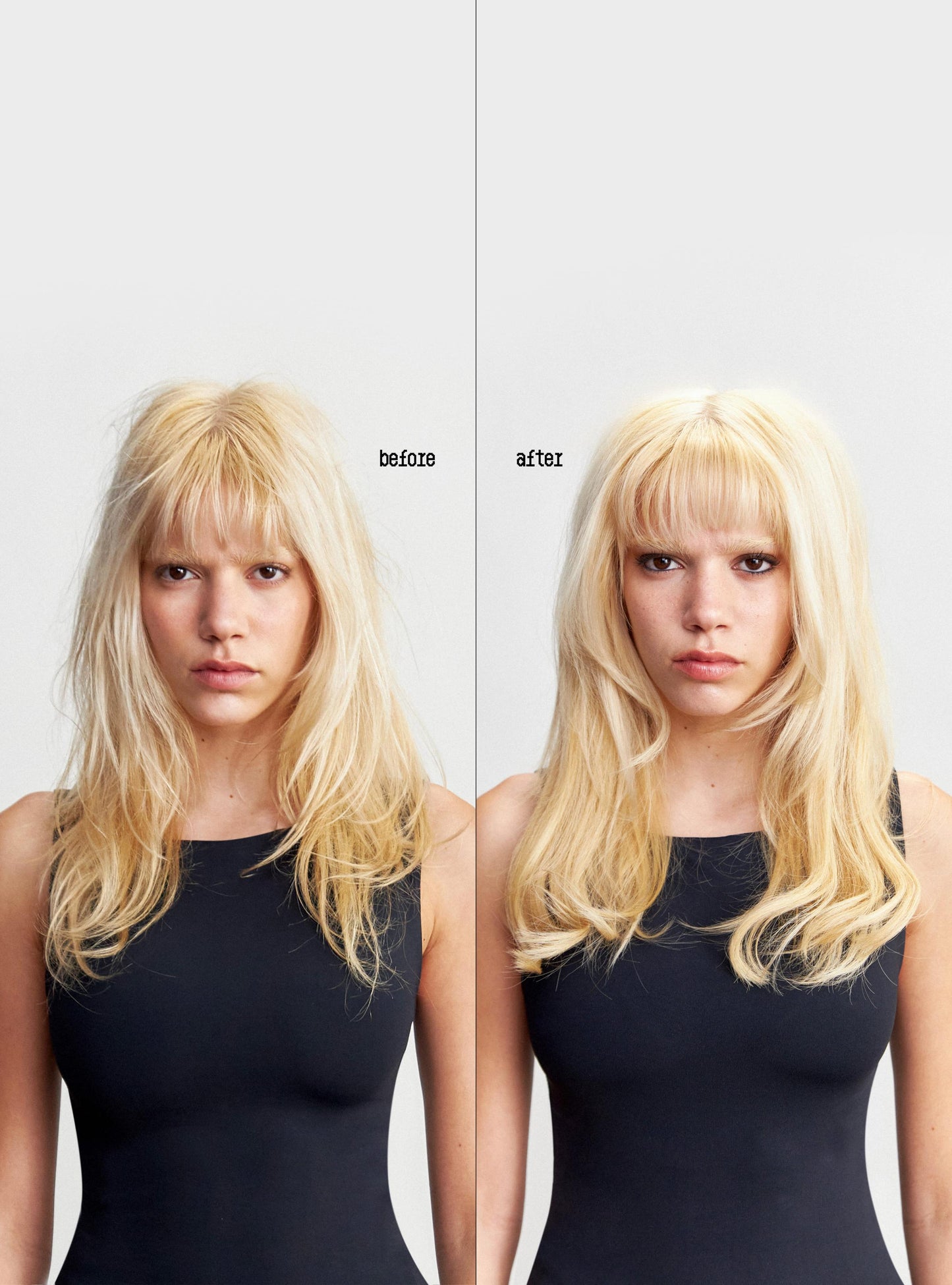 Before and after comparison of a person with blonde hair and bangs on a white background.