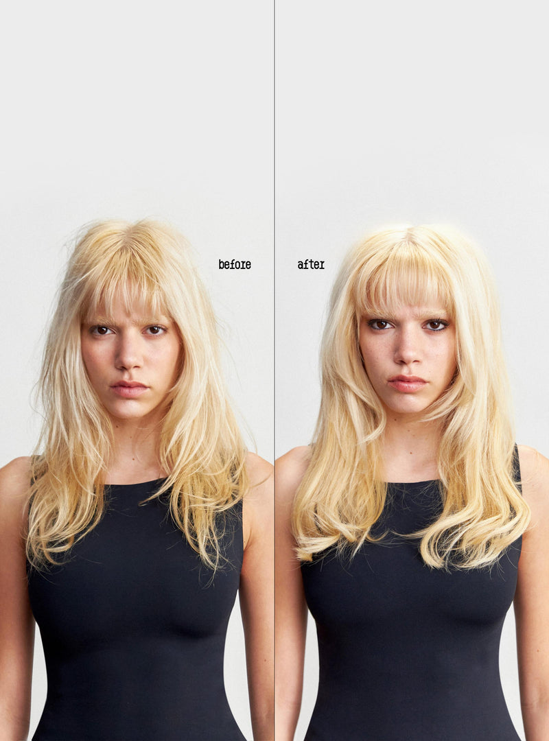 Before and after comparison of a person with blonde hair and bangs on a white background.