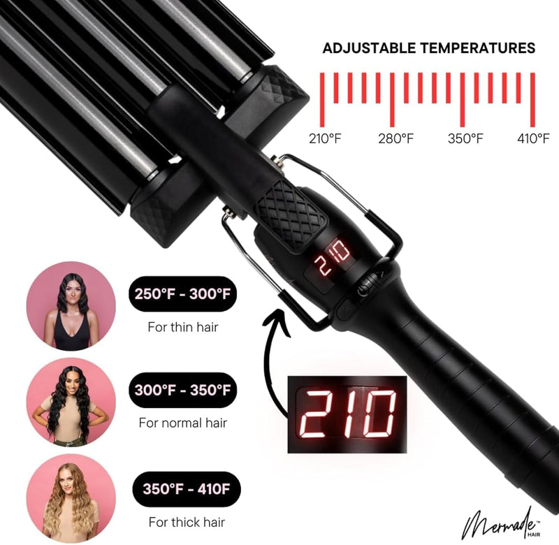 Hair styling tool with adjustable temperature settings and user instructions on a white background.