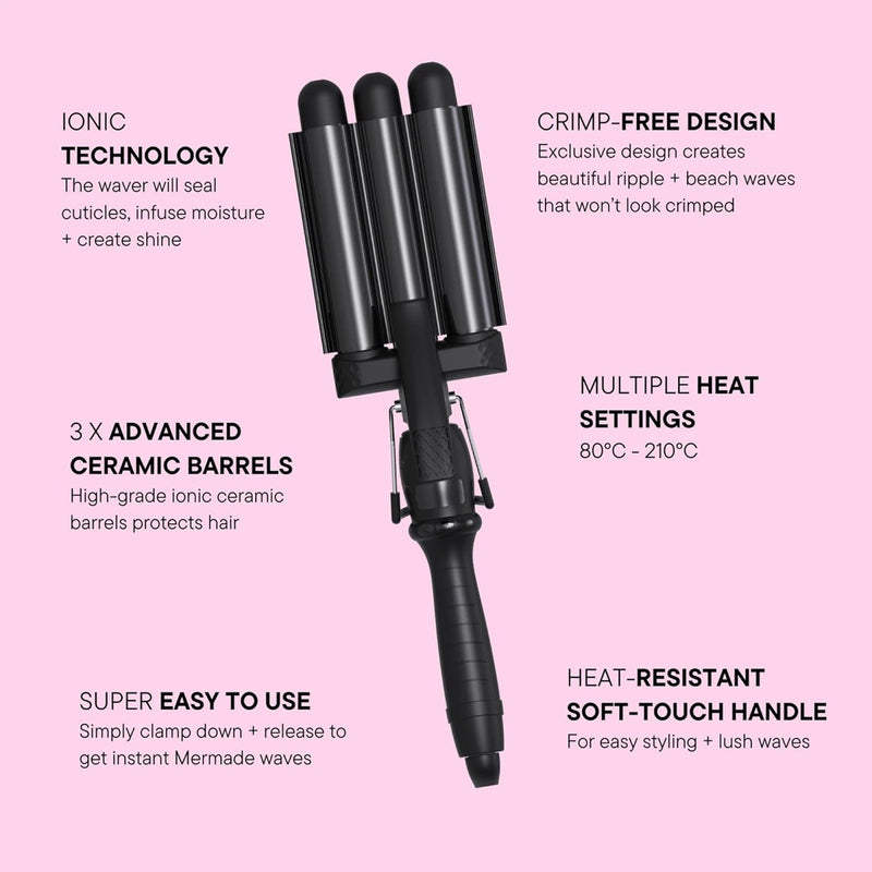 Hair curling iron with features listed on a pink background