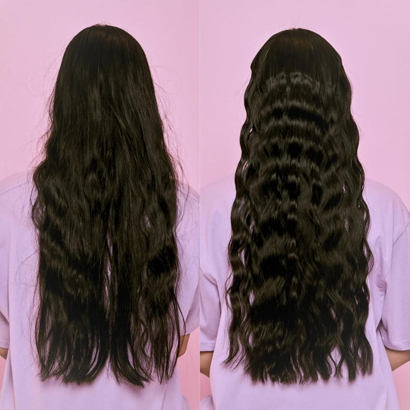 Two views of long, wavy black hair on a pink background