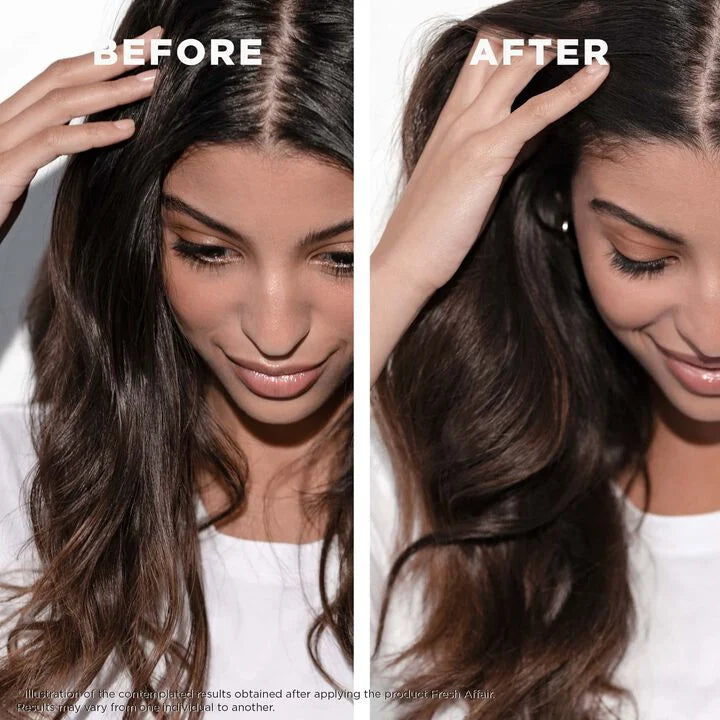 Before and after comparison of a woman's hair with a visible difference.