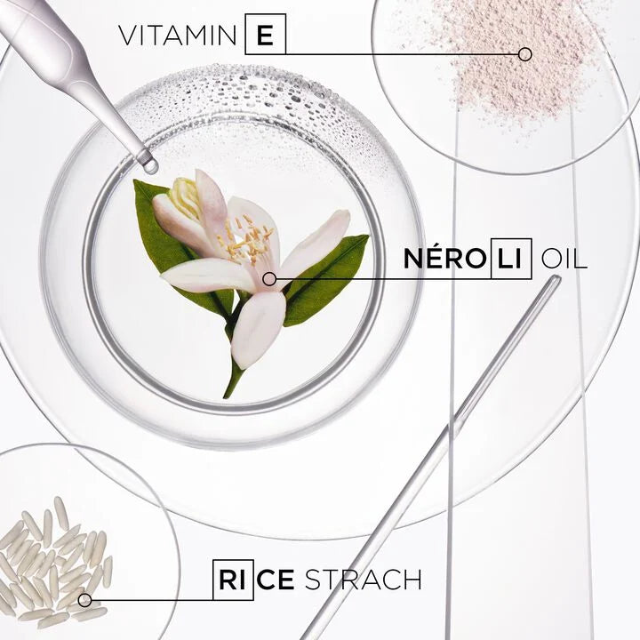 Product with ingredients labeled as Vitamin E, Néroli Oil, and Rice Strach on a white background.