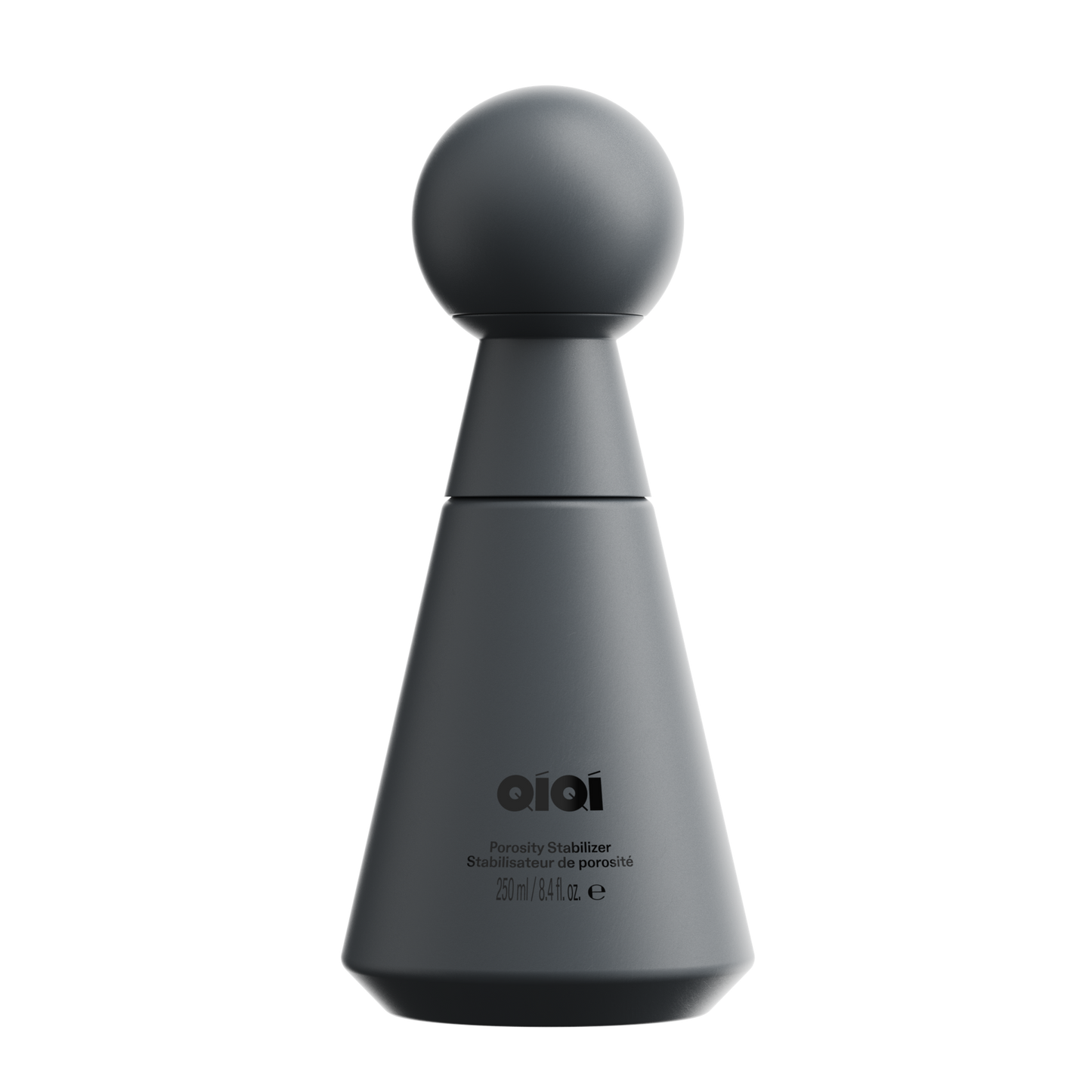 Dark gray bottle with spherical top on a white background
