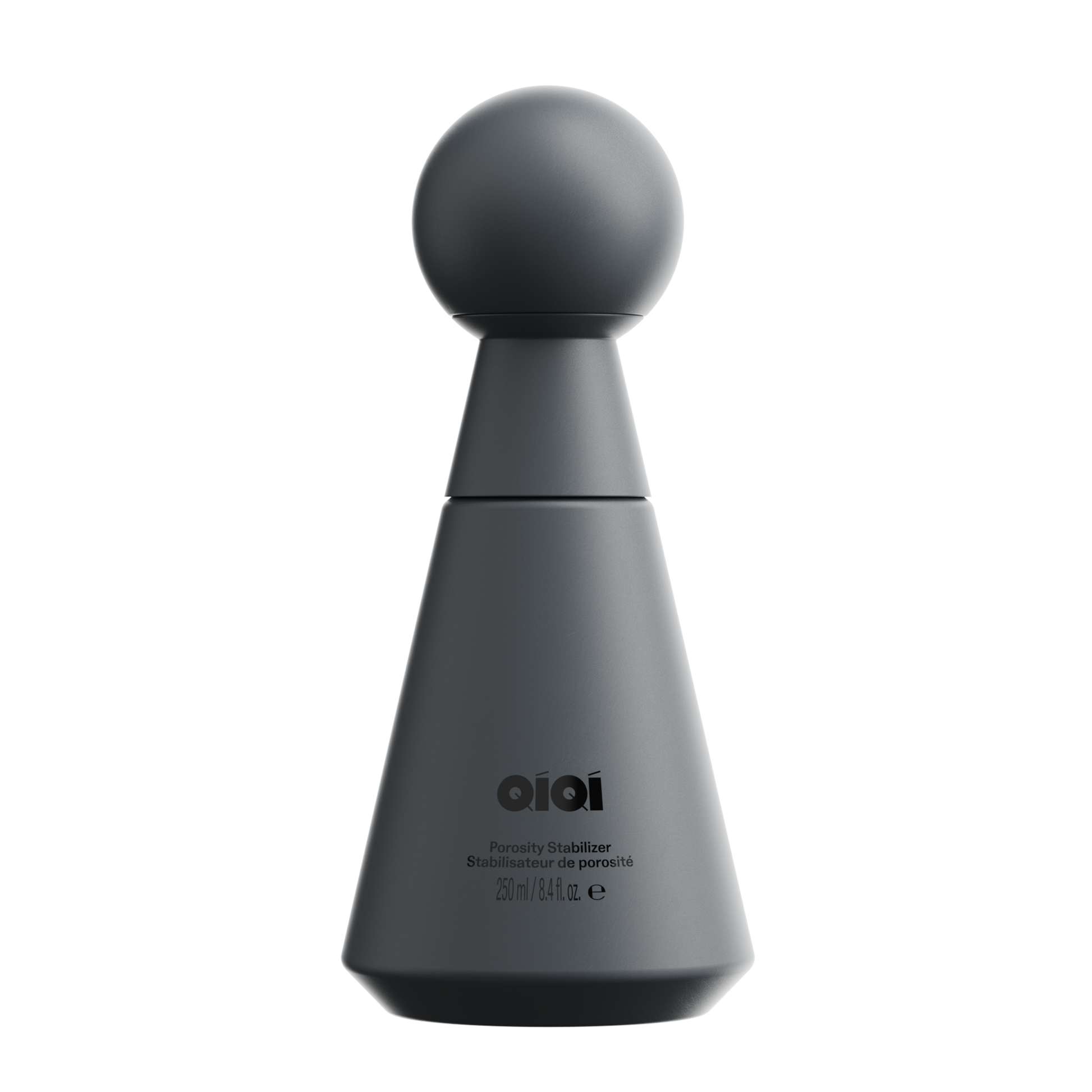 Dark gray bottle with spherical top on a white background