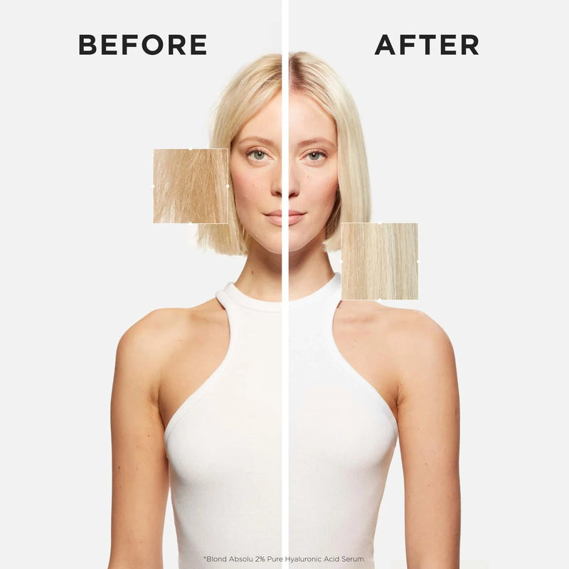 Before and after of Kerastase Bain Lumiere Shampoo with highlighted blonde hair model