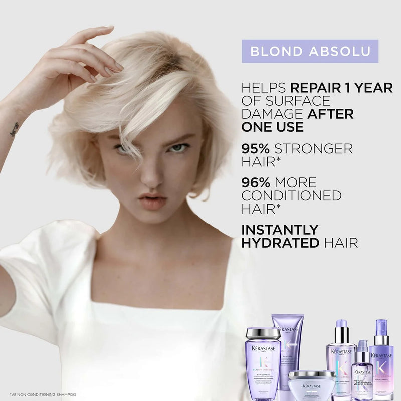 Advertisement for Kérastase Blond Absolu hair care products with a model and product images.