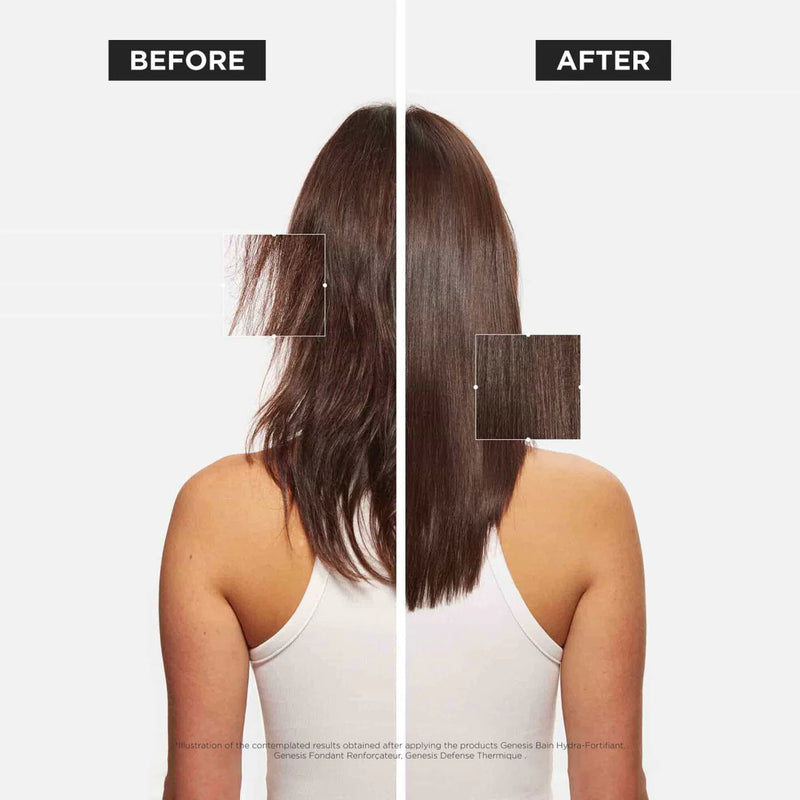 Before and after comparison of hair extensions on a person wearing a white tank top.