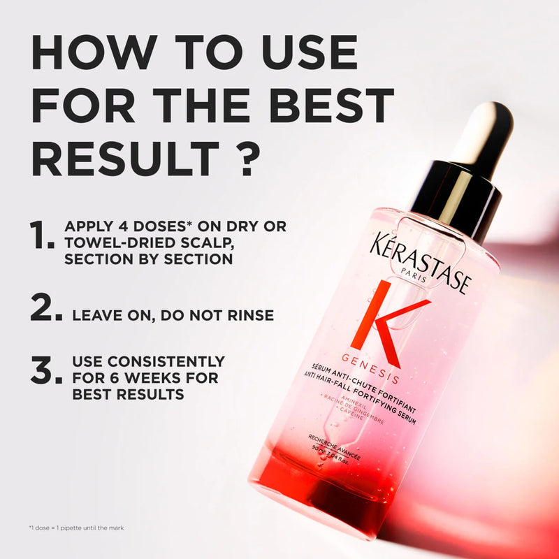 Kerastase Genesis serum bottle with usage instructions on a white background