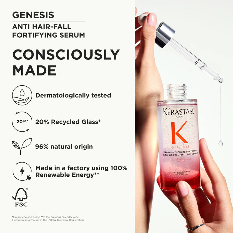 Kérastase Genesis anti hair-fall fortifying serum with branding and product details.