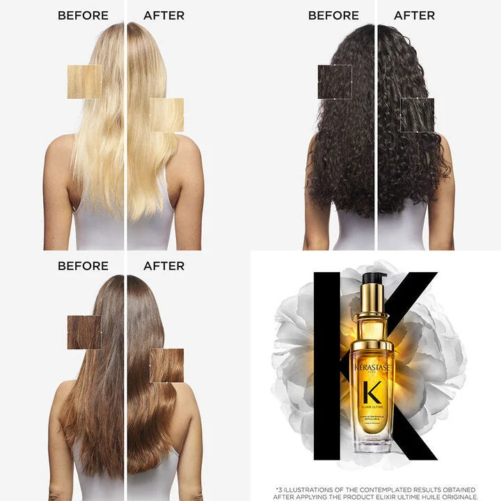 Before and after hair transformation with Kerastase product on a white background