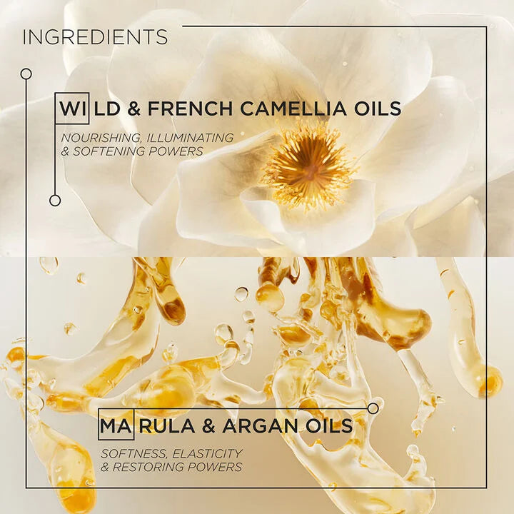 Product packaging with floral design and oil droplets, featuring ingredients like Wild & French Camellia Oils and Mafraula & Argan Oils.