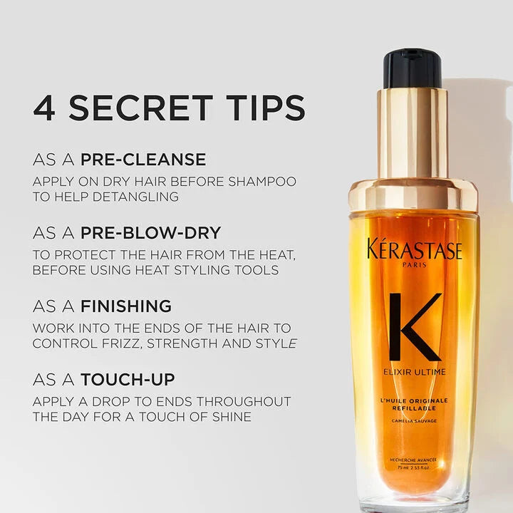 Kérastase hair product with usage tips on a light gray background