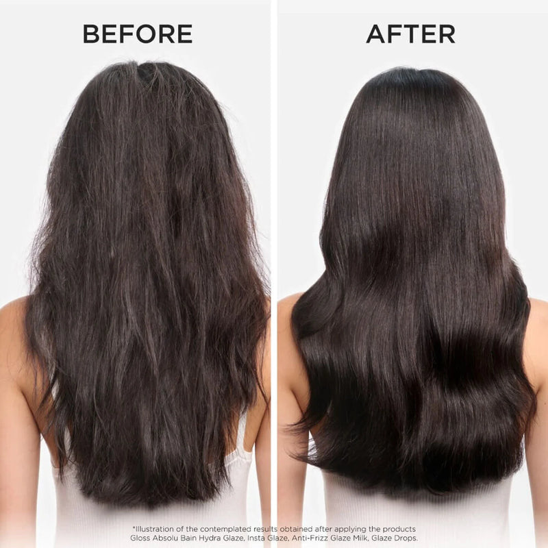 Before and after comparison of hair treatment results on a person with long, dark hair.