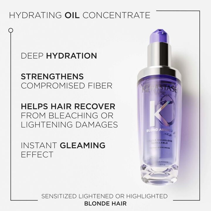 Kérastase hair oil concentrate bottle with text highlighting benefits on a white background