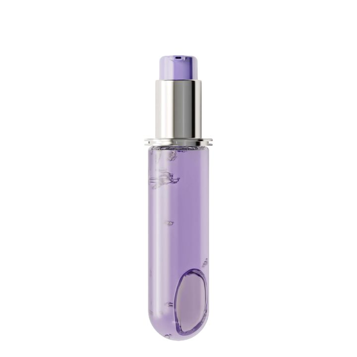 Purple perfume bottle with silver cap on a white background