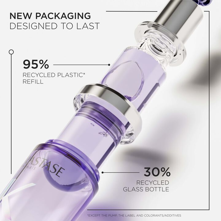 Purple refillable bottle with recycled plastic and glass components on a light gray background