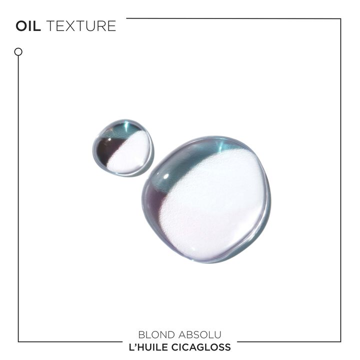 Two droplets of oil labeled 'Blond Absolu' and 'L'Huile Cicagloss' on a white background.