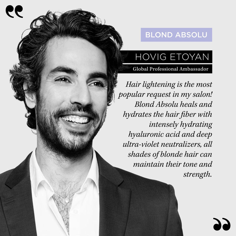 Man with text about Blond Absolu hair product and Hovig Etyoun's role as a global professional ambassador.