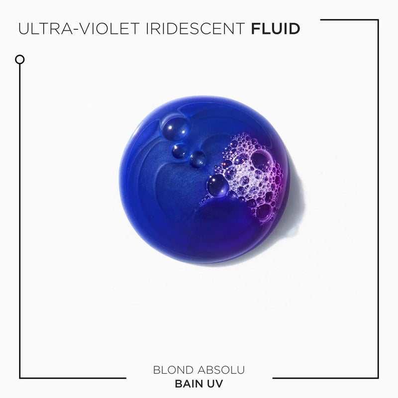Ultra-violet iridescent fluid with bubbles on a white background, featuring the brand 'Blond Absolu'.