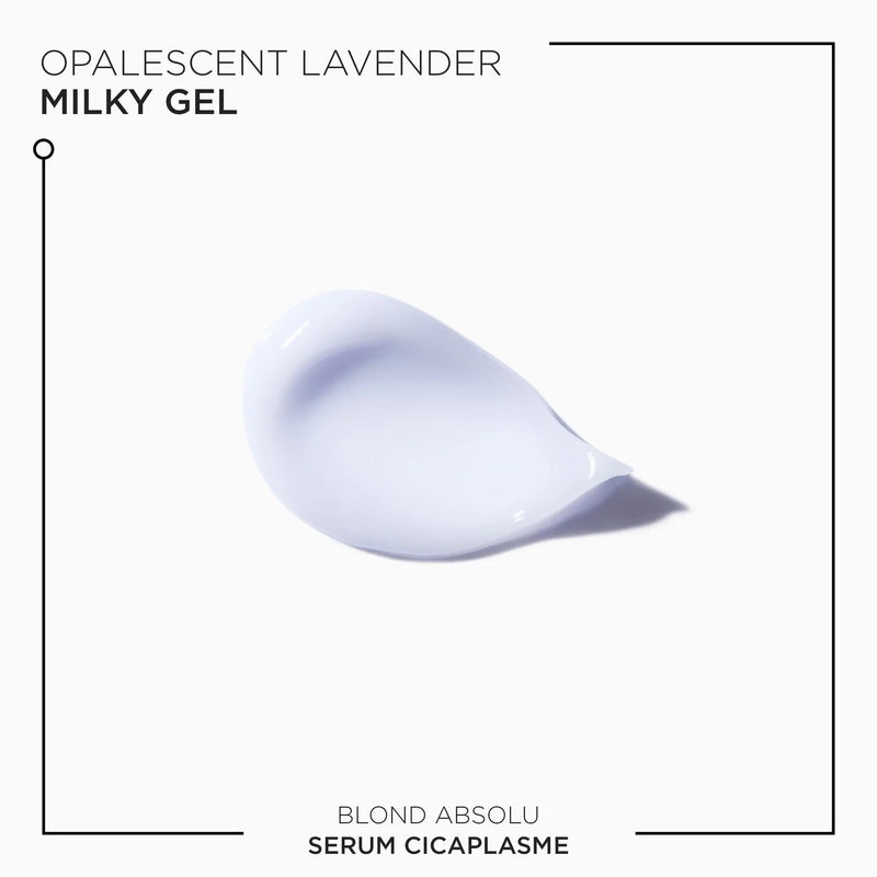 Texture of Cicaflash serum by Kerastase on white background and benefits text around it