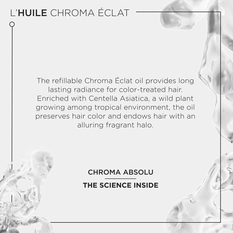 Advertisement for L'Huile Chroma Eclat oil with text about its benefits for color-treated hair.