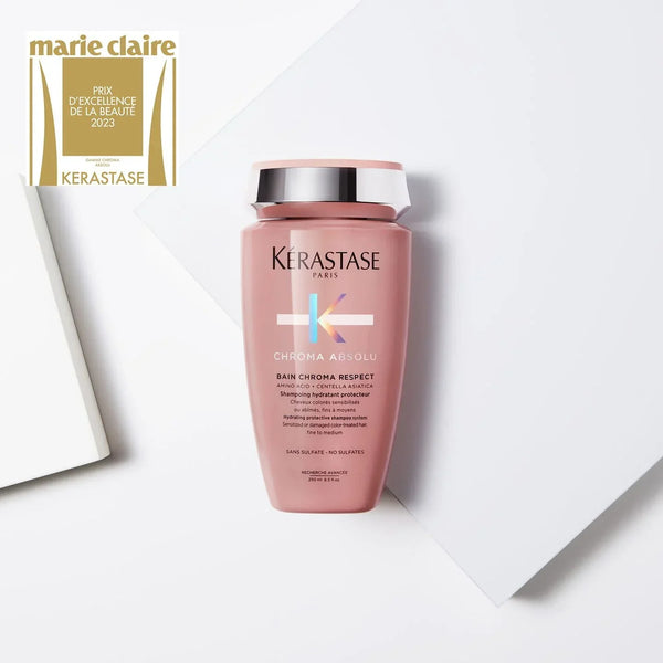 Kerastase shampoo bottle with a white background and award logo.