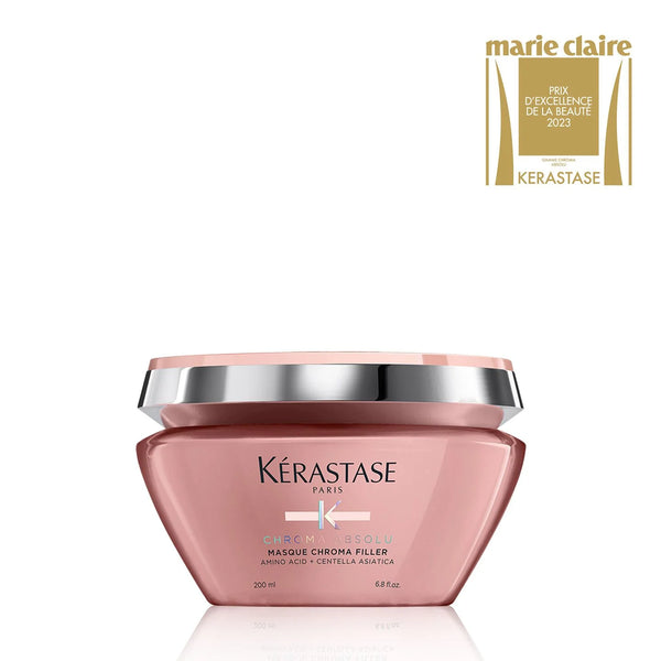Kérastase hair mask jar with a silver lid on a white background, featuring the Marie Claire and Kérastase logos.