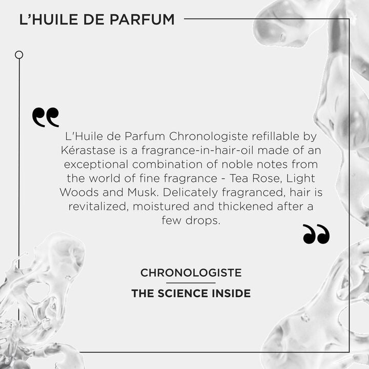 Advertisement for L'Huile de Parfum Chronologiste by Kérastase with text and abstract design elements.