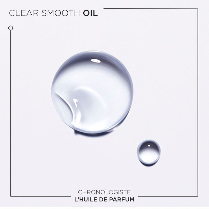Clear smooth oil droplet on a light gray background with 'Chronologiste L'Huile de Parfum' text.