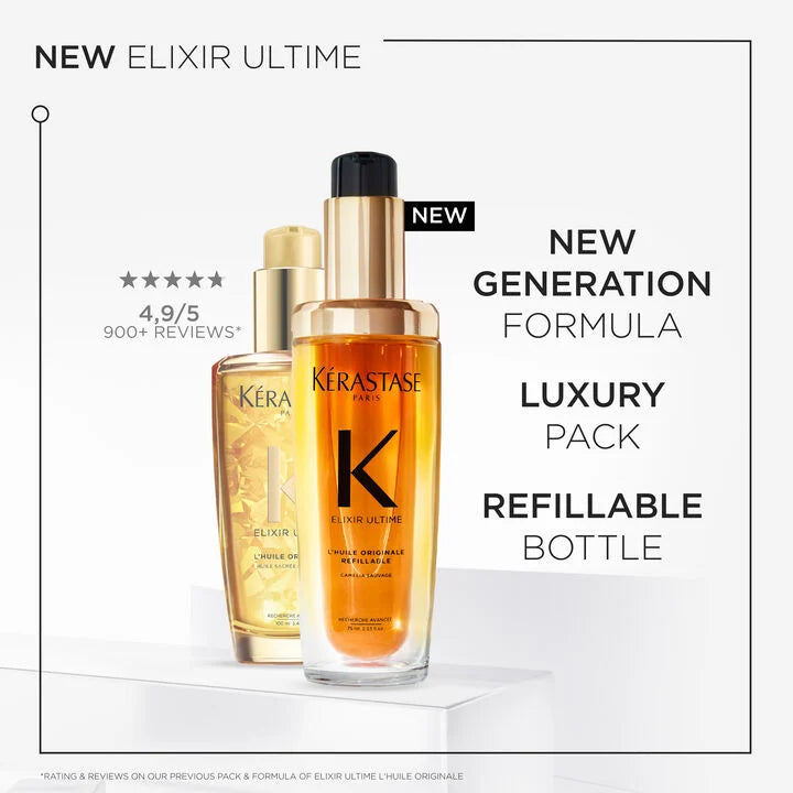 Kerastase Elixir Ultime hair care products with text highlighting features on a white background