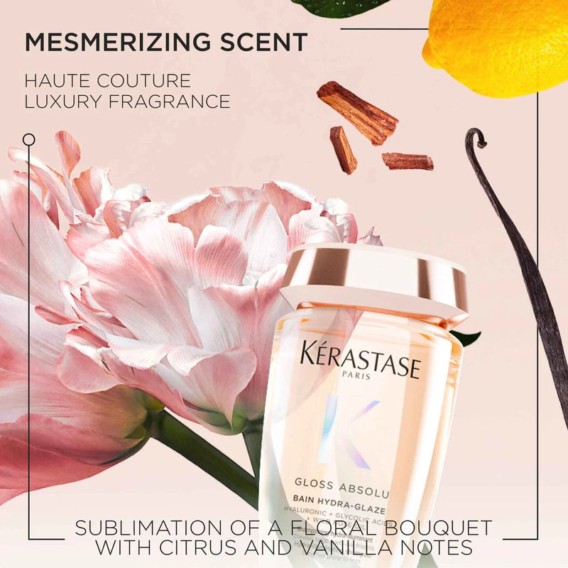 Kérastase Gloss Absolu bottle with floral and vanilla elements on a light pink background
