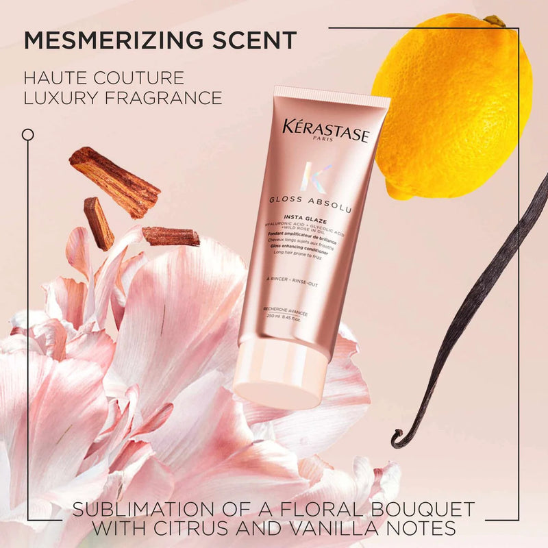 Kérastase hair product with floral and vanilla elements on a pink background