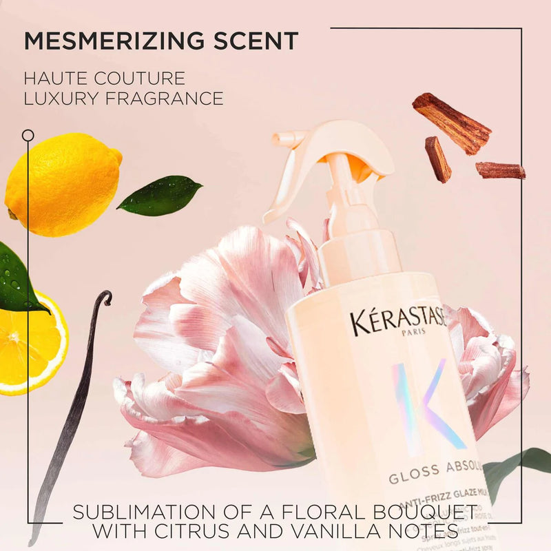Kérastase perfume bottle with floral and citrus elements on a light pink background
