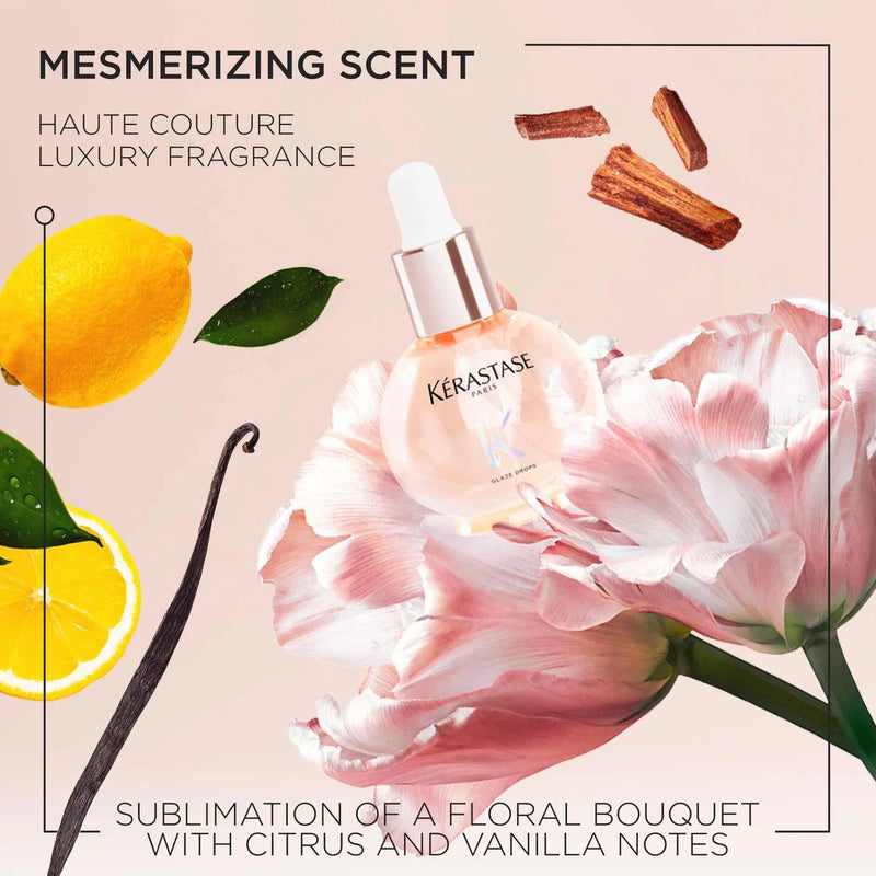 Kérastase perfume bottle with floral elements and text about fragrance notes on a beige background