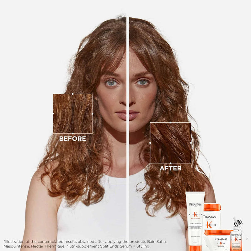 Before and after comparison of hair with Kerastase products displayed.