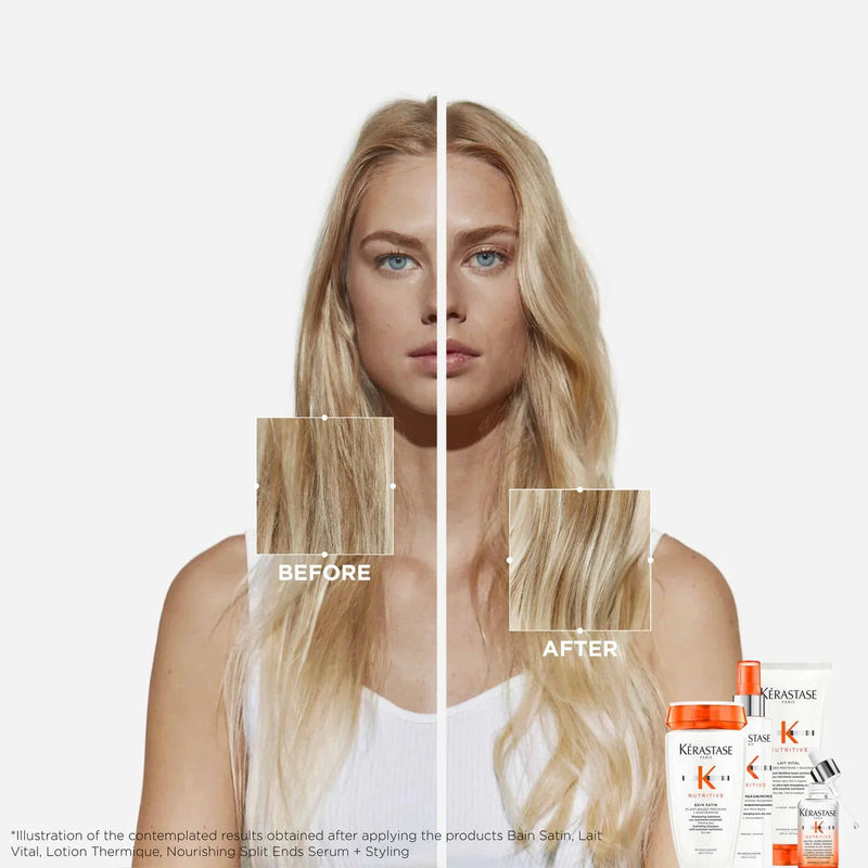 Before and after comparison of hair treatment with Kérastase products displayed.