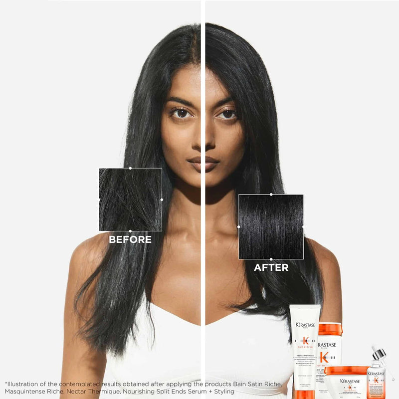 Woman with split hair showing 'Before' and 'After' effects, with Kérastase products displayed.