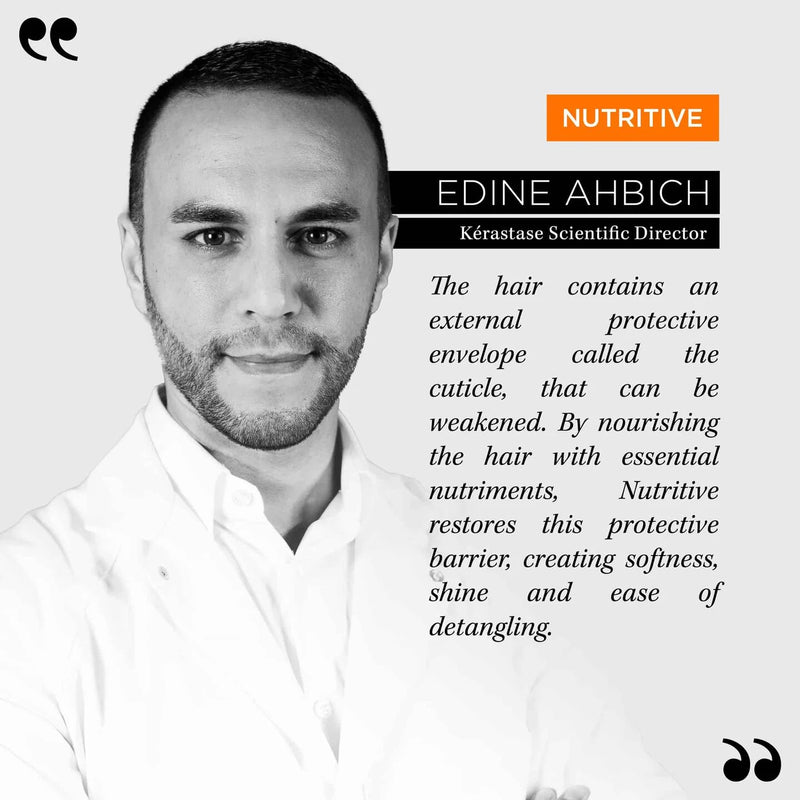 Man in black and white with white lab coat and text fact about nutritive range by Kerastase