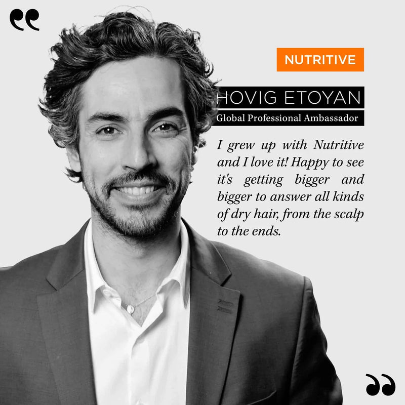 Man in a suit with Nutritive branding and text about dry hair solutions.