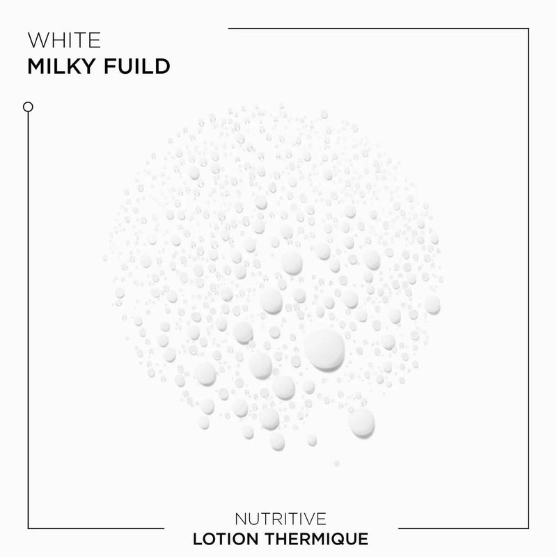 White milky fluid with bubbles on a white background, labeled 'Nutritive Lotion Thermique'.
