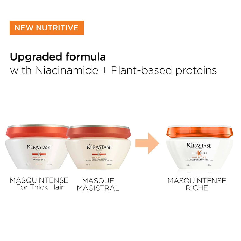Kérastase hair mask products with text highlighting new nutritive formula and ingredients.
