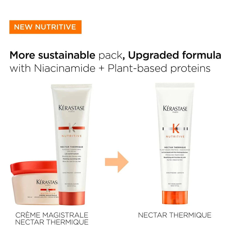 Kérastase Nutritive hair care products with text about a more sustainable pack and upgraded formula.