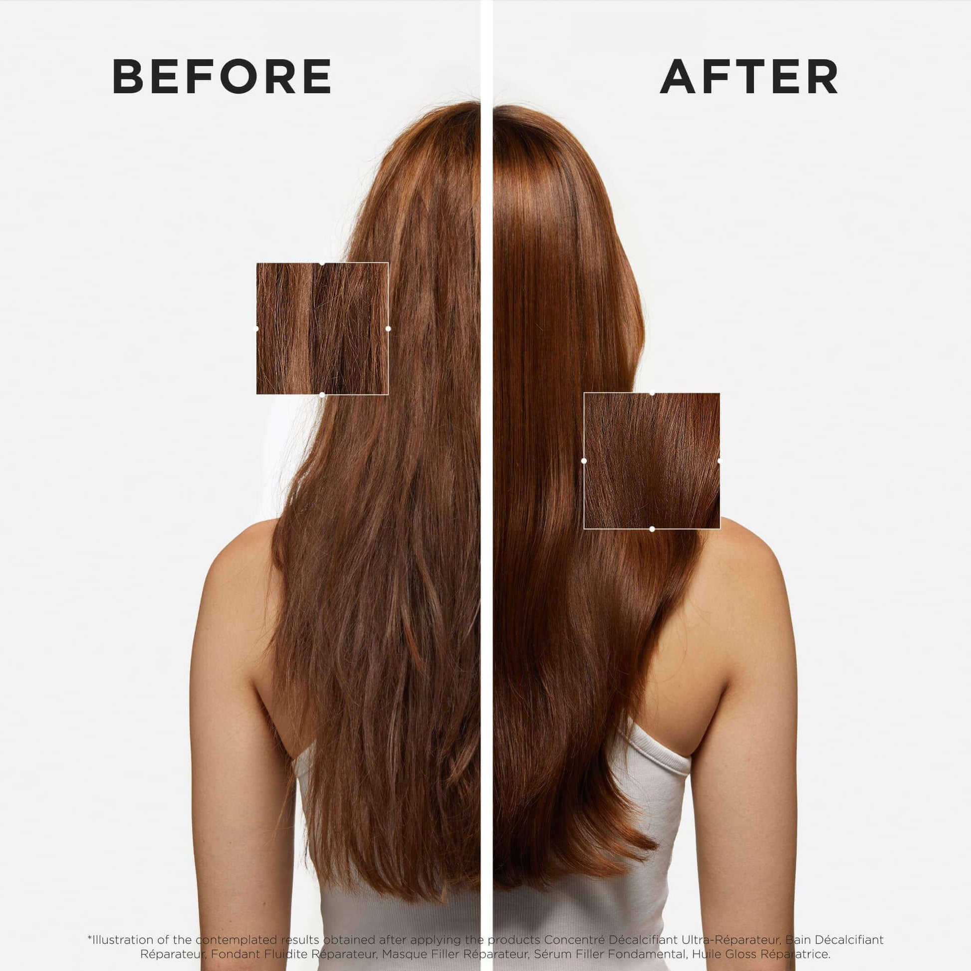 Before and after comparison of hair treatment on a person with long brown hair.